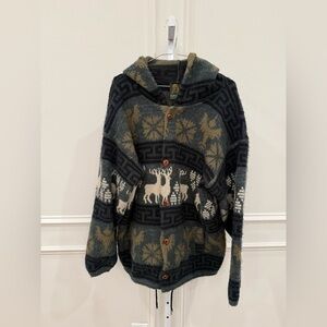 Vintage Tejidos Ruminahui Hooded Cardigan Sweater Reindeer Snowflake Pattern